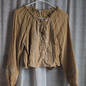 American Eagle Outfitters Beige Blouse with Lace Accents